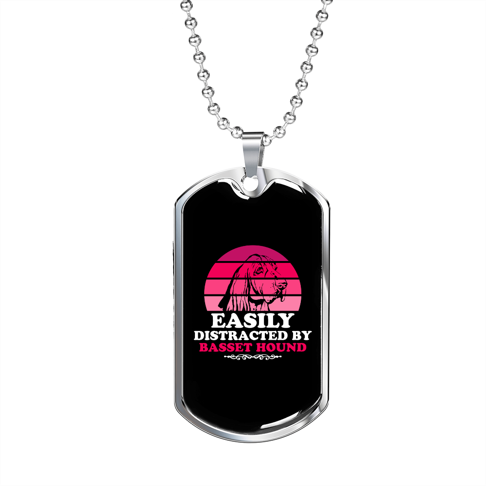 Easily Distracted by Basset Hound Necklace Stainless Steel or 18k Gold Dog Tag 24" Chain-Express Your Love Gifts