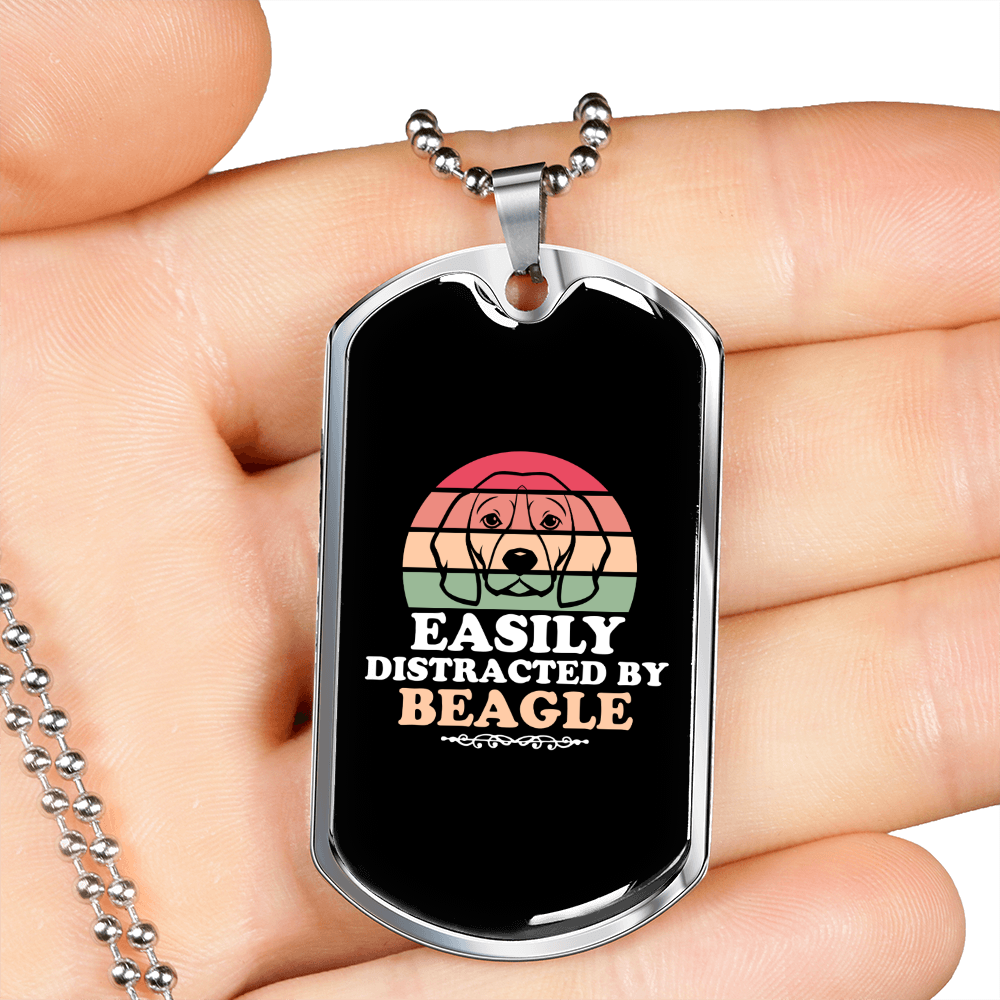 Easily Distracted by Beagle Necklace Stainless Steel or 18k Gold Dog Tag 24" Chain-Express Your Love Gifts