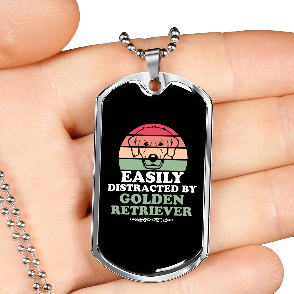 Easily Distracted by Golden Retriever Necklace Stainless Steel or 18k Gold Dog Tag 24" Chain-Express Your Love Gifts