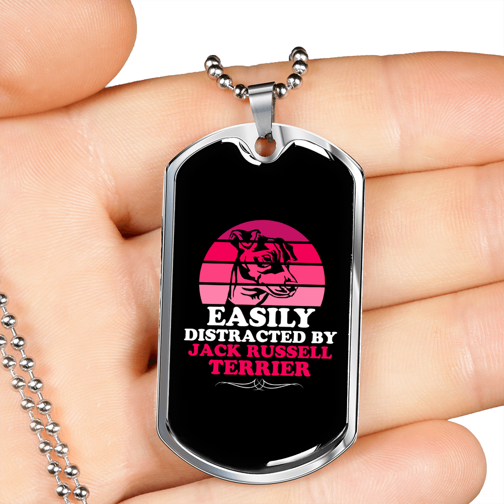 Easily Distracted by Jack Russell Terrirer Necklace Stainless Steel or 18k Gold Dog Tag 24" Chain-Express Your Love Gifts