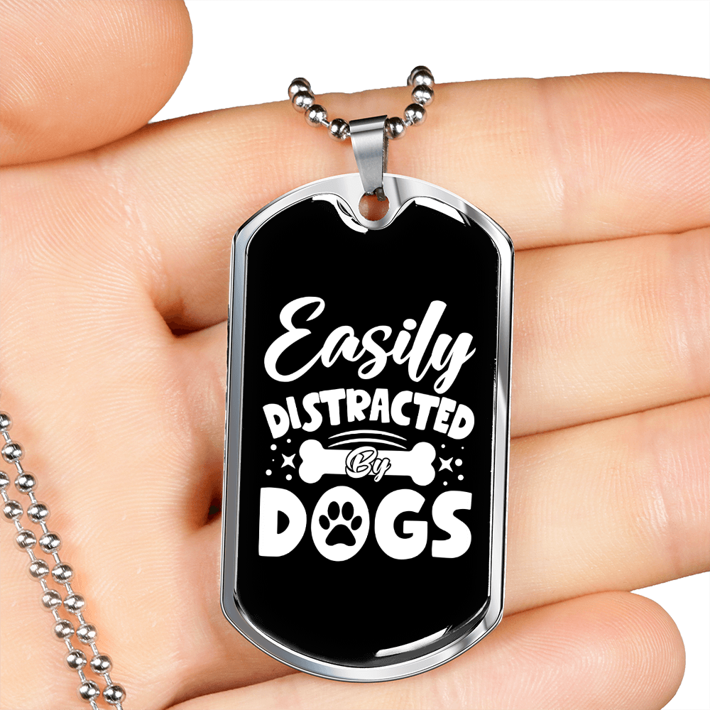 Easily Distracted White Necklace Stainless Steel or 18k Gold Dog Tag 24" Chain-Express Your Love Gifts