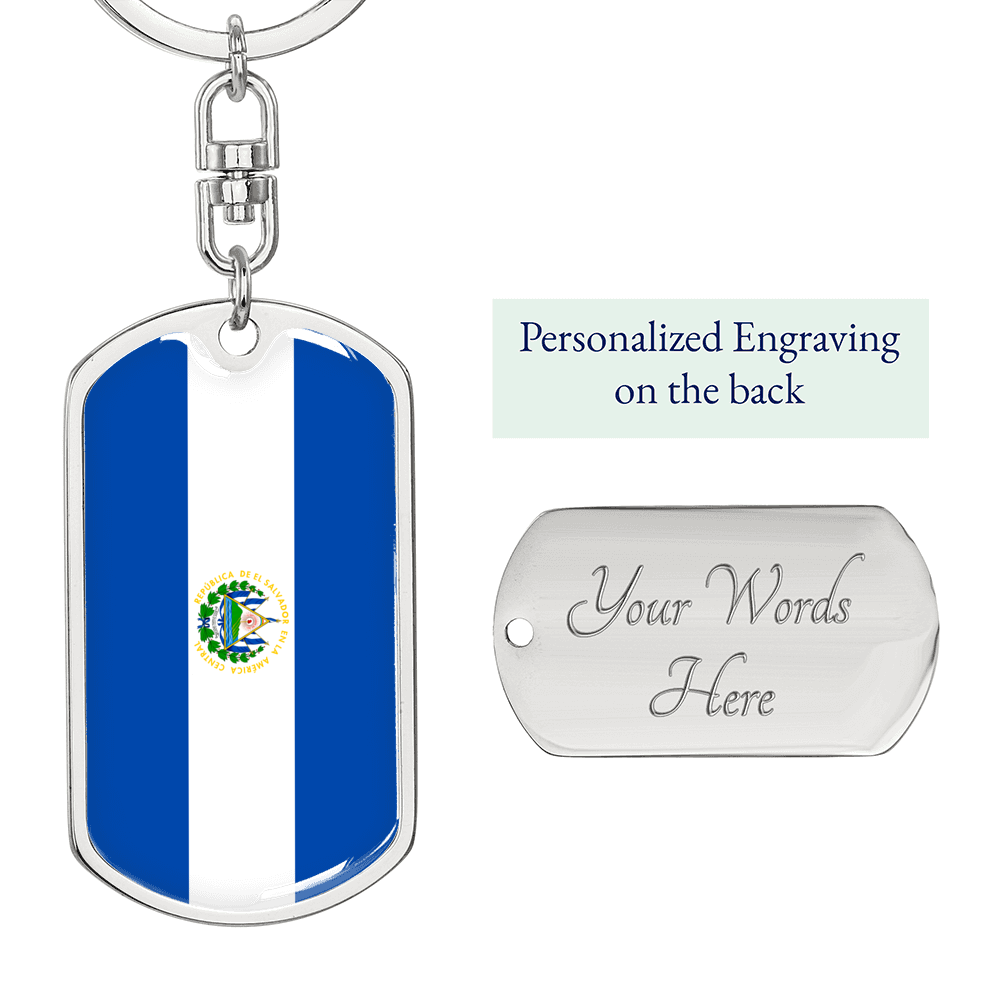 El Salvador Flag Swivel Keychain Dog Tag Stainless Steel or 18k Gold-Express Your Love Gifts