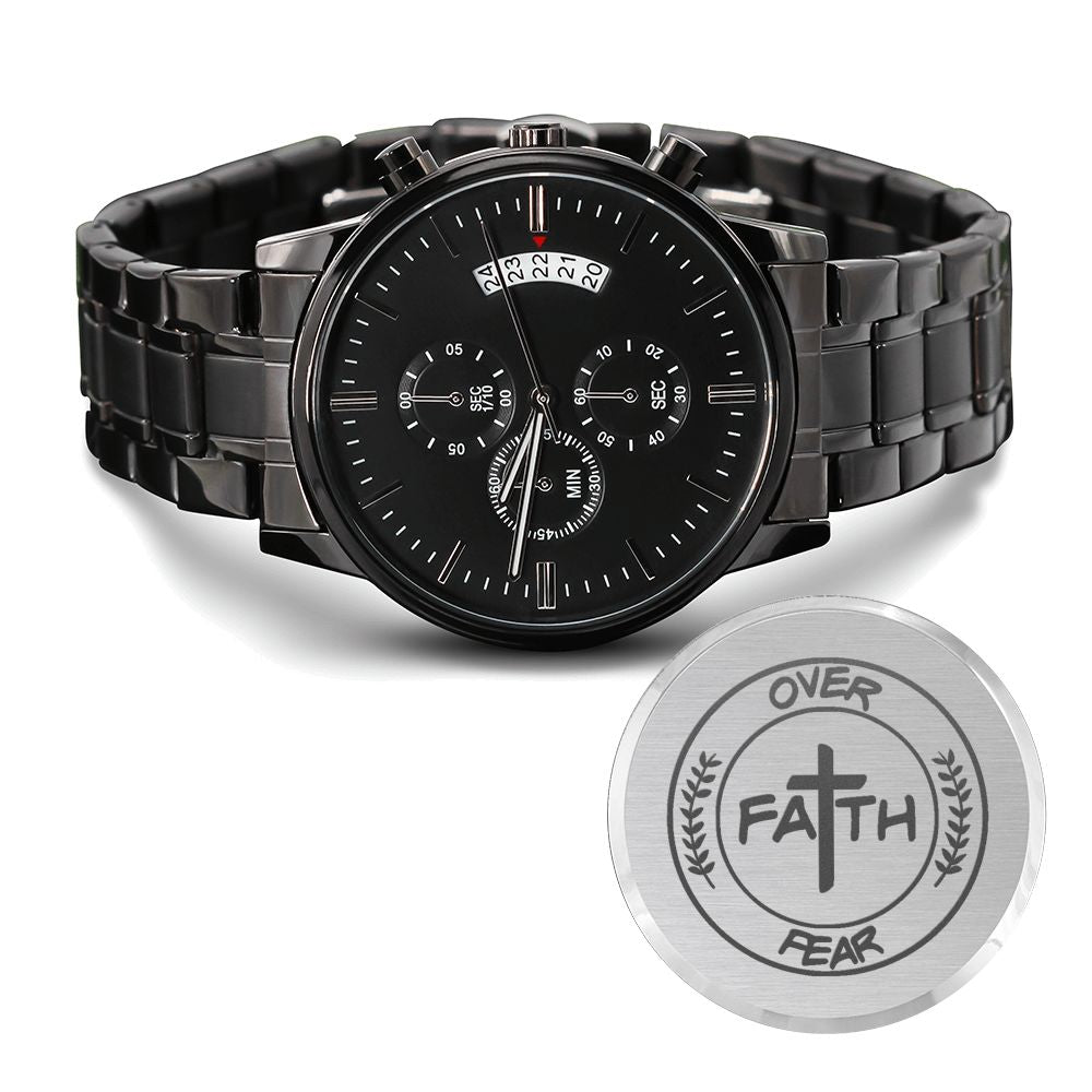 Faith Over Fear Cross Engraved Bible Verse Men&#39;s Watch Multifunction Stainless Steel W Copper Dial-Express Your Love Gifts
