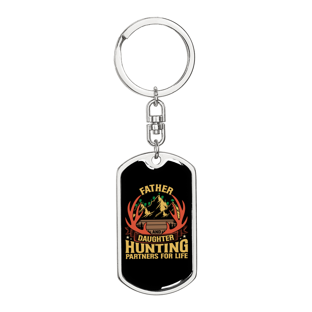 Father Daughter Hunting Partners Keychain Stainless Steel or 18k Gold Dog Tag Keyring-Express Your Love Gifts