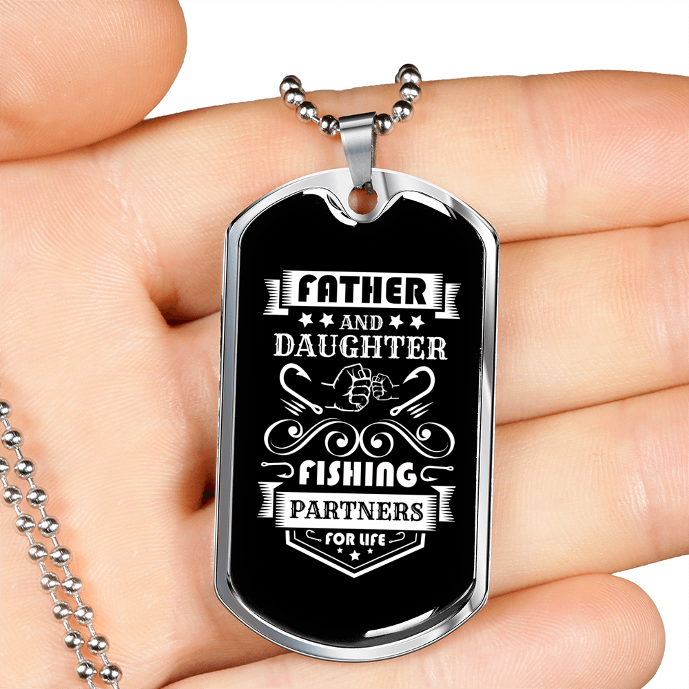Father Partners Fishing Necklace Stainless Steel or 18k Gold Dog Tag 24" Chain-Express Your Love Gifts