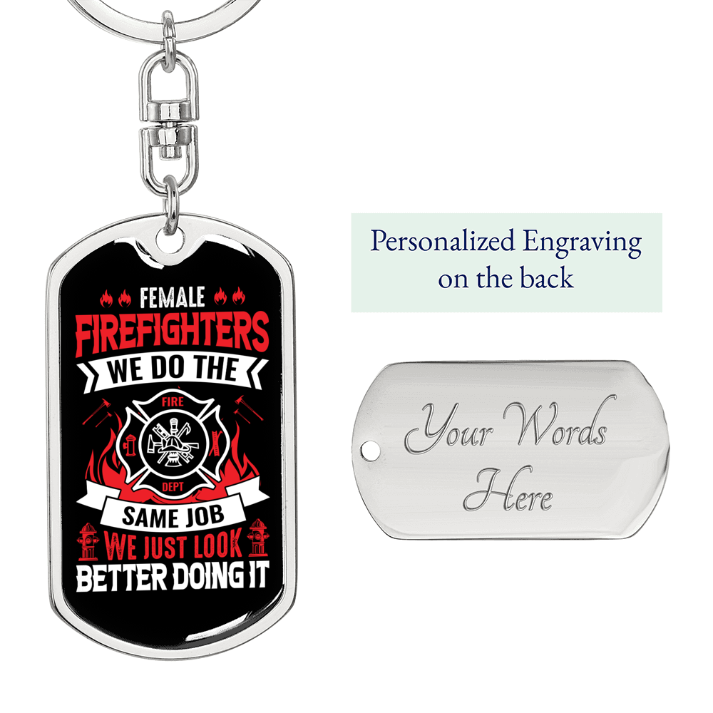 Female Firefighters Keychain Stainless Steel or 18k Gold Dog Tag Keyring-Express Your Love Gifts