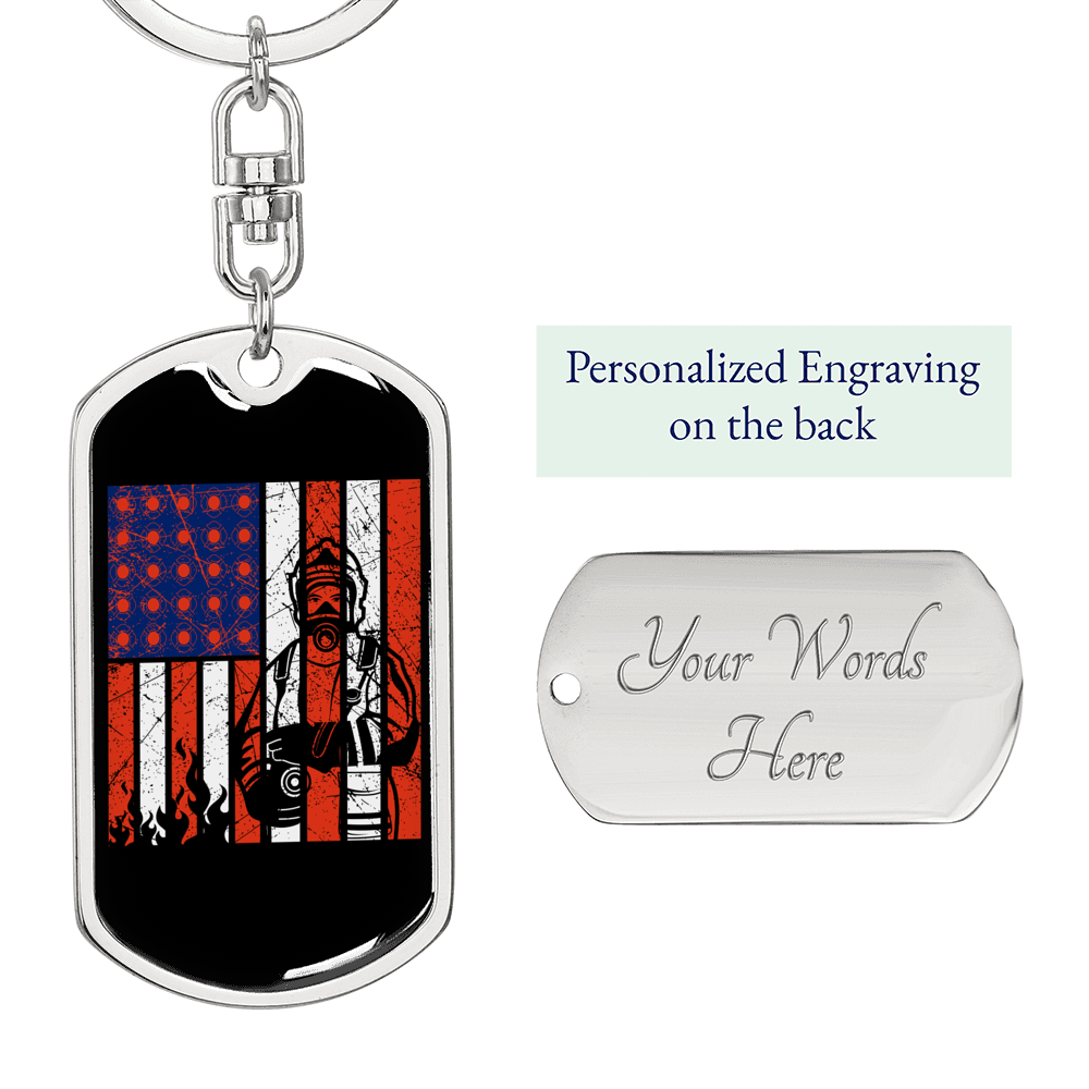 Firefighter And A Flag Keychain Stainless Steel or 18k Gold Dog Tag Keyring-Express Your Love Gifts