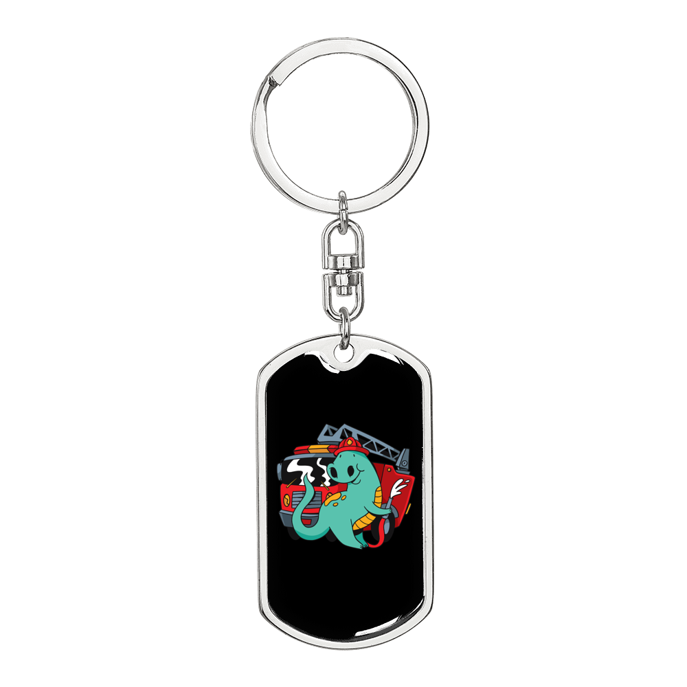 Firefighter Dinosaur Keychain Stainless Steel or 18k Gold Dog Tag Keyring-Express Your Love Gifts