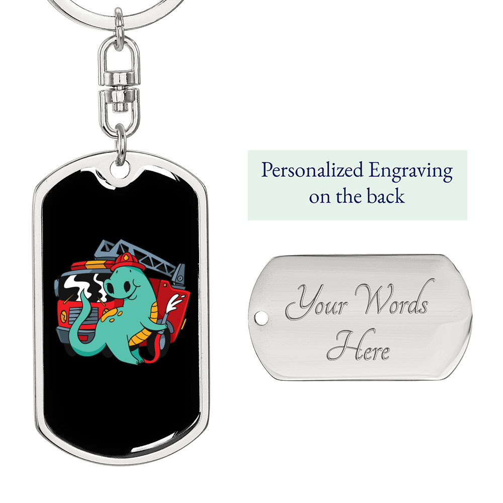 Firefighter Dinosaur Keychain Stainless Steel or 18k Gold Dog Tag Keyring-Express Your Love Gifts