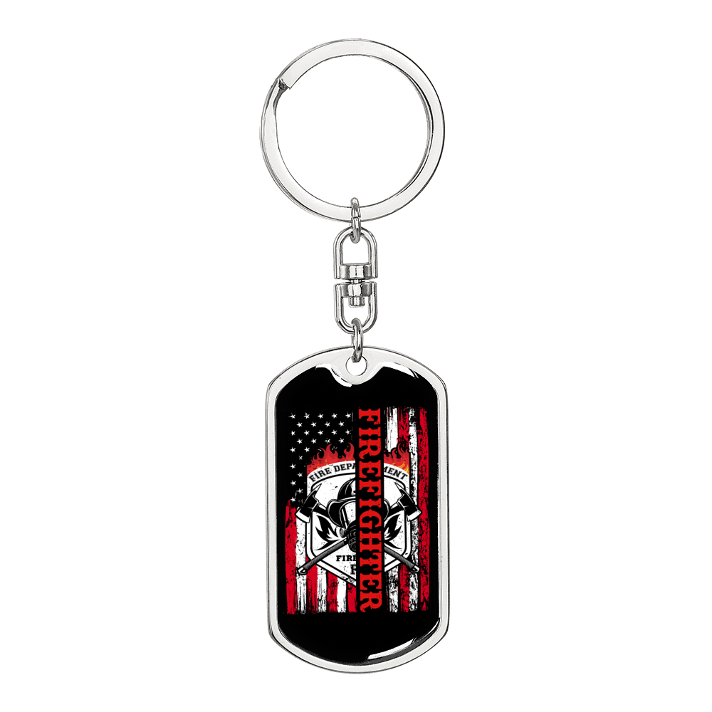 Firefighter Flag Keychain Stainless Steel or 18k Gold Dog Tag Keyring-Express Your Love Gifts