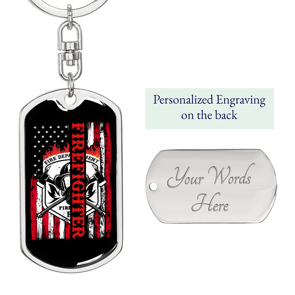 Firefighter Flag Keychain Stainless Steel or 18k Gold Dog Tag Keyring-Express Your Love Gifts