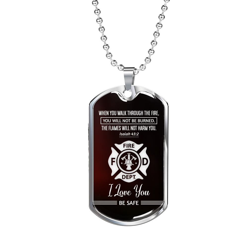 Firefighter Isaiah 43:2 Necklace Stainless Steel or 18k Gold Dog Tag 24" Chain-Express Your Love Gifts