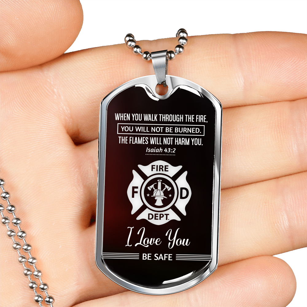Firefighter Isaiah 43:2 Necklace Stainless Steel or 18k Gold Dog Tag 24" Chain-Express Your Love Gifts