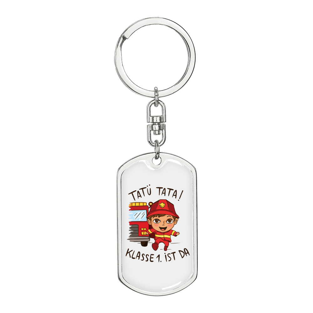 Firefighter Kid With Firetruck Keychain Stainless Steel or 18k Gold Dog Tag Keyring-Express Your Love Gifts