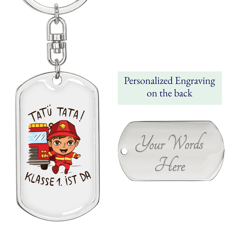 Firefighter Kid With Firetruck Keychain Stainless Steel or 18k Gold Dog Tag Keyring-Express Your Love Gifts