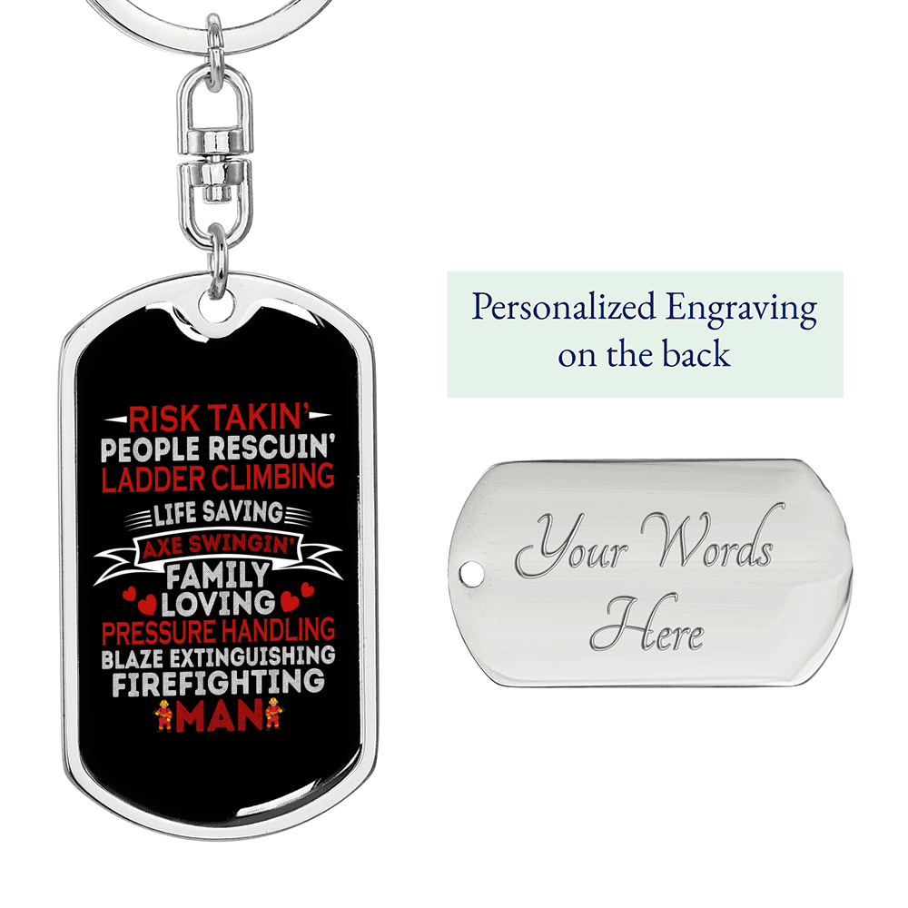 Firefighter Risktaking Keychain Stainless Steel or 18k Gold Dog Tag Keyring-Express Your Love Gifts