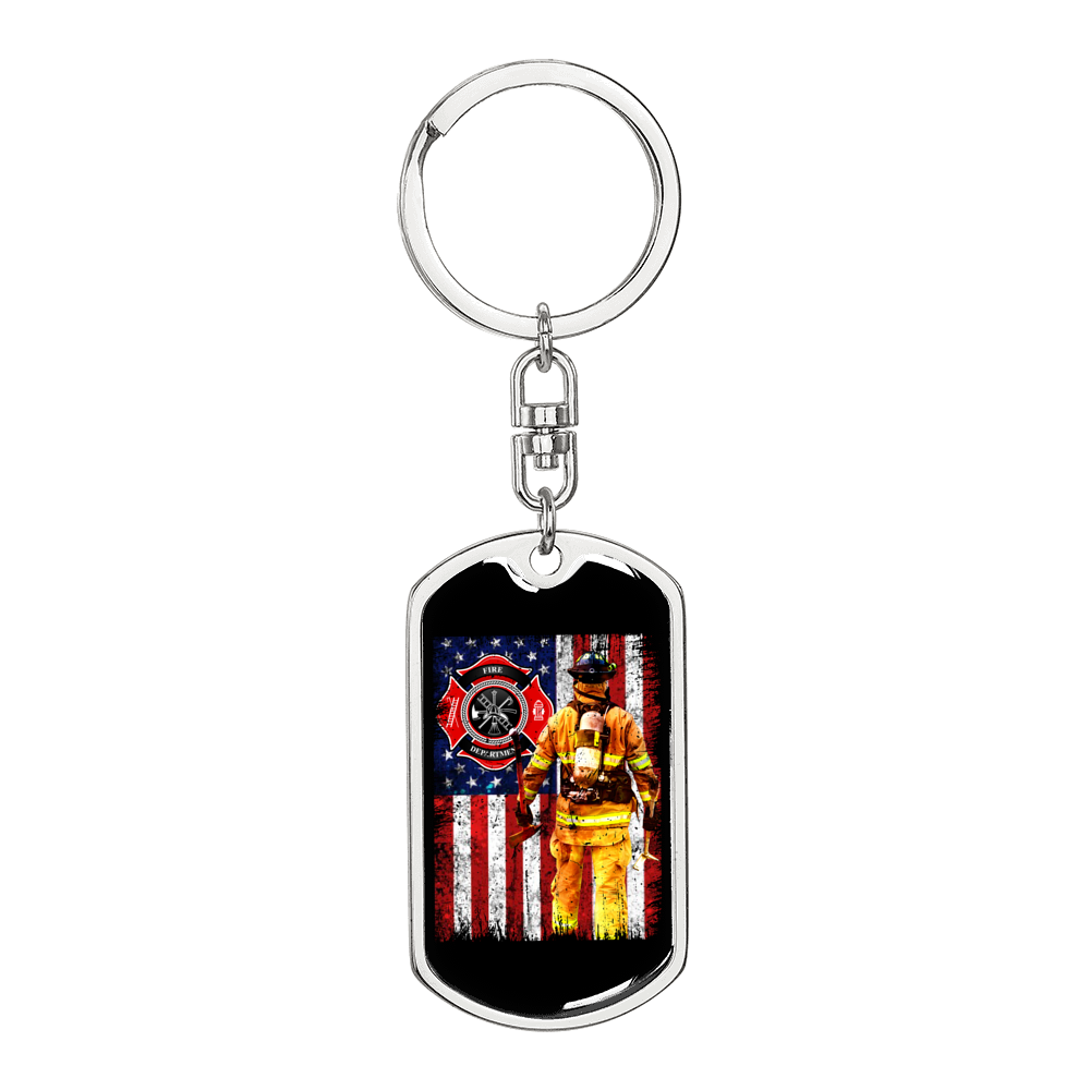 Firefighter With American Flag Keychain Stainless Steel or 18k Gold Dog Tag Keyring-Express Your Love Gifts