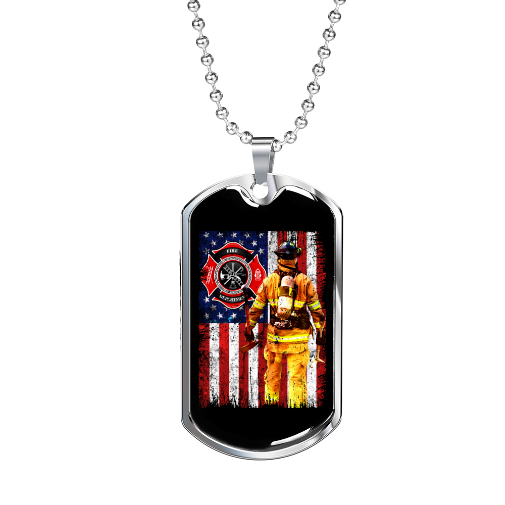 Firefighter With American Flag Necklace Stainless Steel or 18k Gold Dog Tag 24" Chain-Express Your Love Gifts