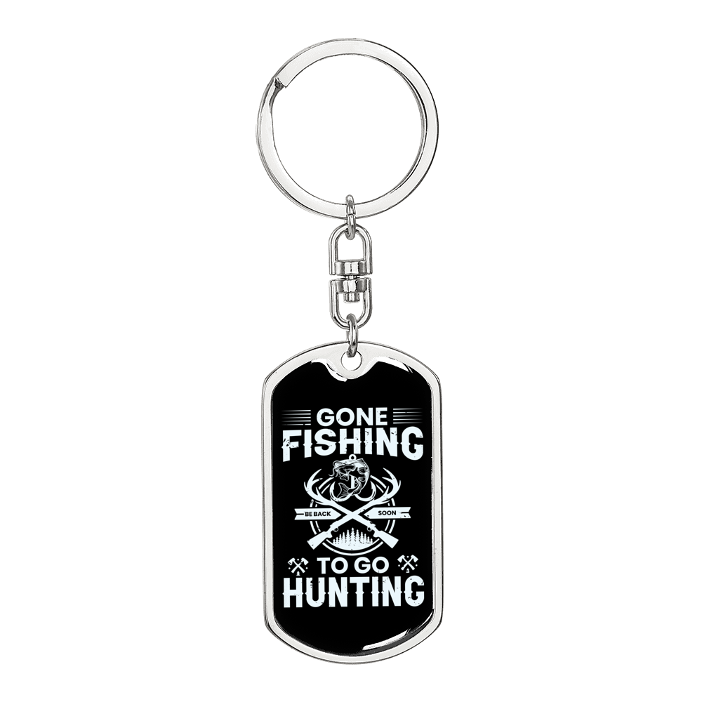 Fishing to Go Hunting Keychain Stainless Steel or 18k Gold Dog Tag Keyring-Express Your Love Gifts