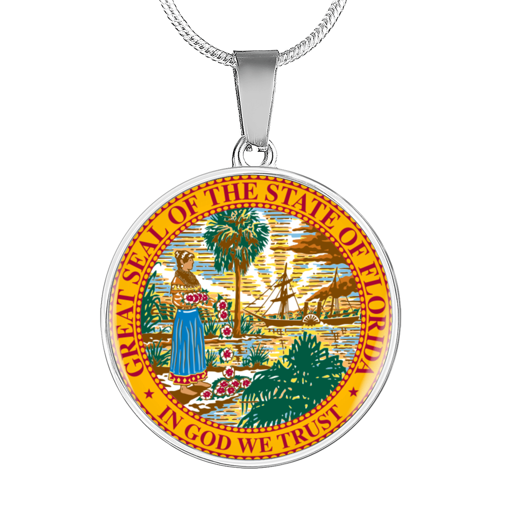 Florida State Seal Necklace Circle Pendant Stainless Steel or 18k Gold 18-22"-Express Your Love Gifts