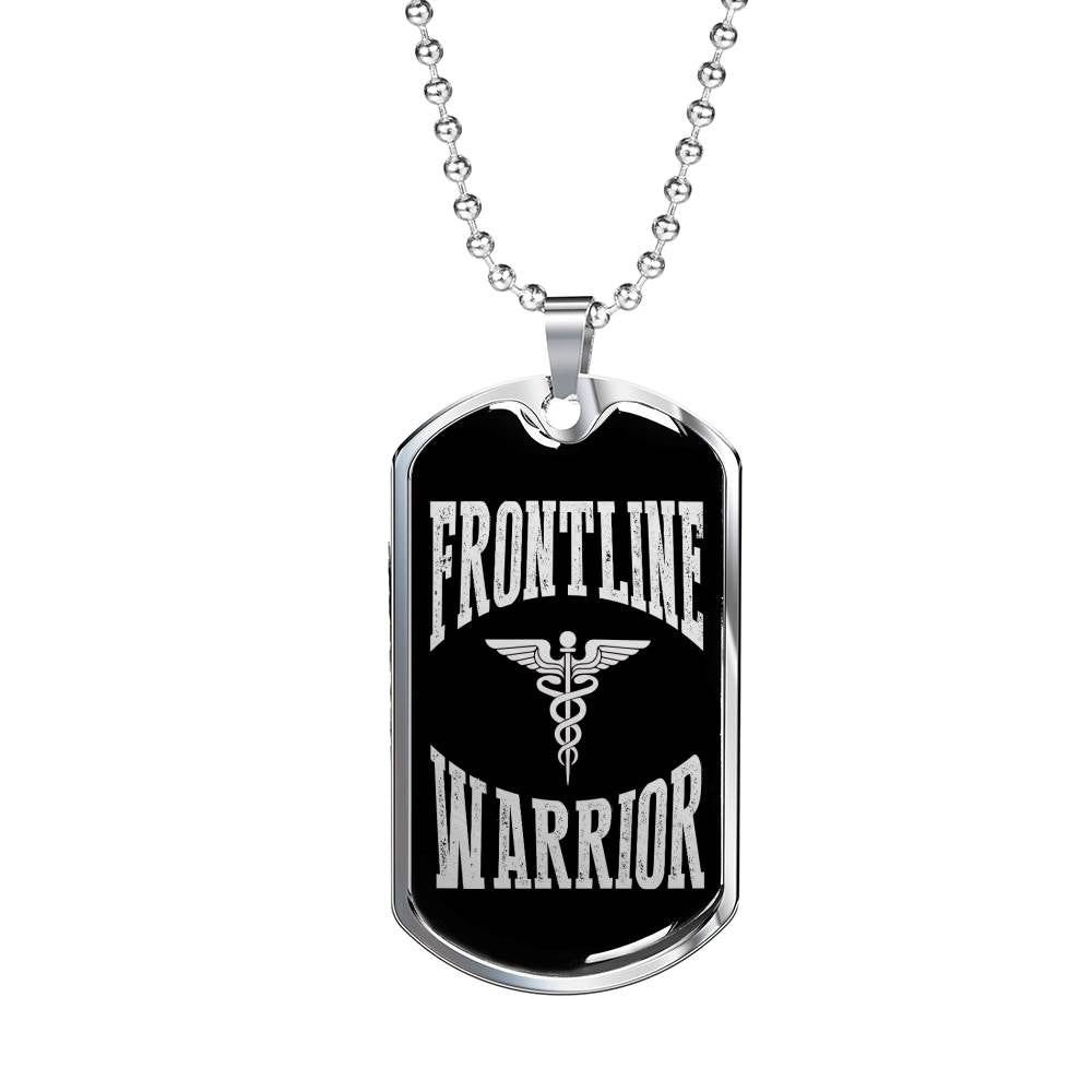 Frontline Warrior Distressed Caduceus Stainless Steel or 18k Gold Dog Tag W 24" Medical Worker Gift-Express Your Love Gifts