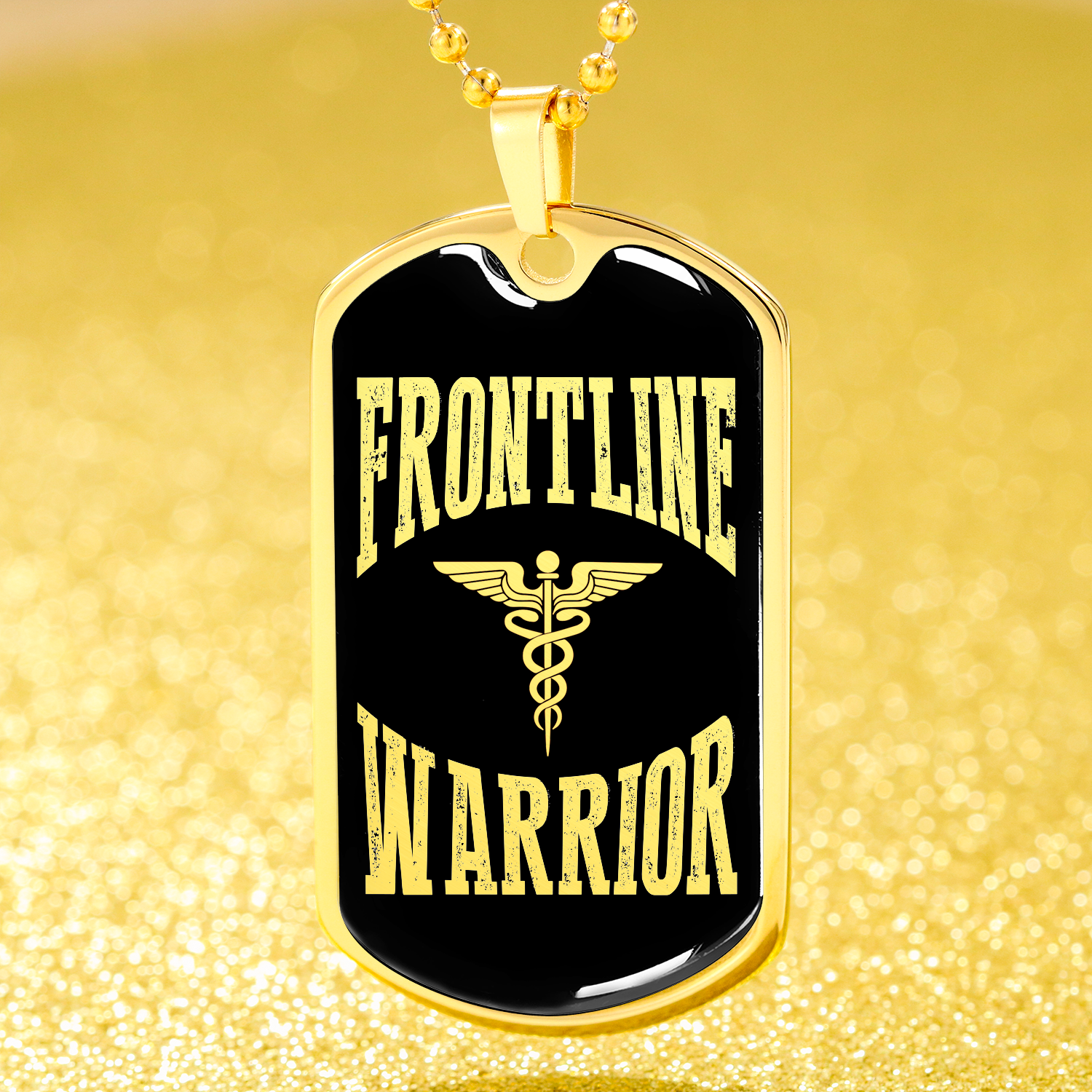 Frontline Warrior Distressed Caduceus Stainless Steel or 18k Gold Dog Tag W 24" Medical Worker Gift-Express Your Love Gifts