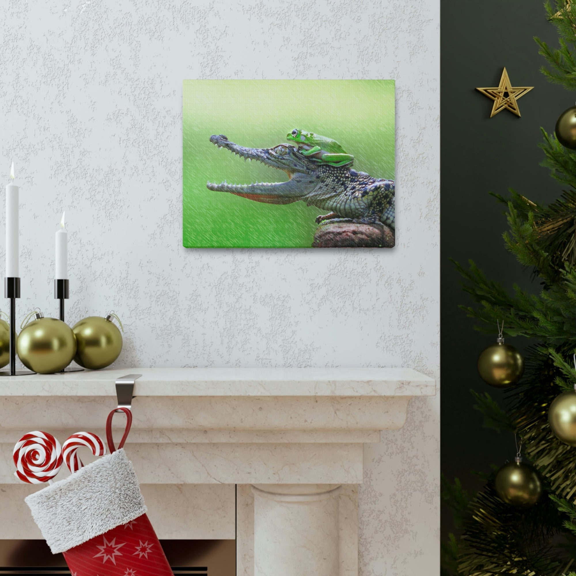 Funny Alligator With Frog on Top of The Head Outside Wall Art Ready to Hang Unframed-Express Your Love Gifts