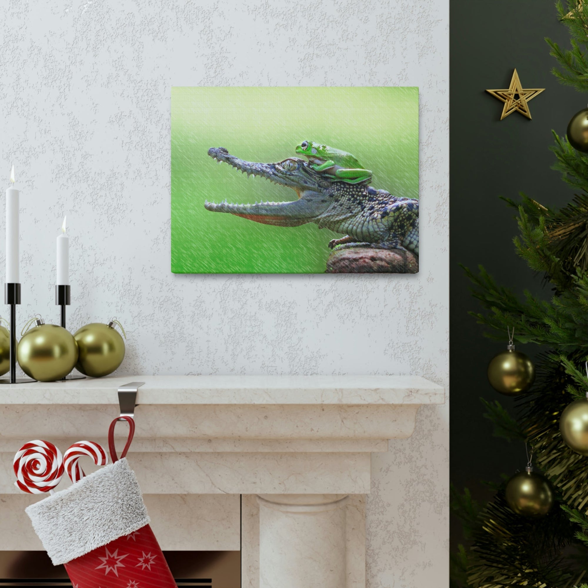 Funny Alligator With Frog on Top of The Head Outside Wall Art Ready to Hang Unframed-Express Your Love Gifts