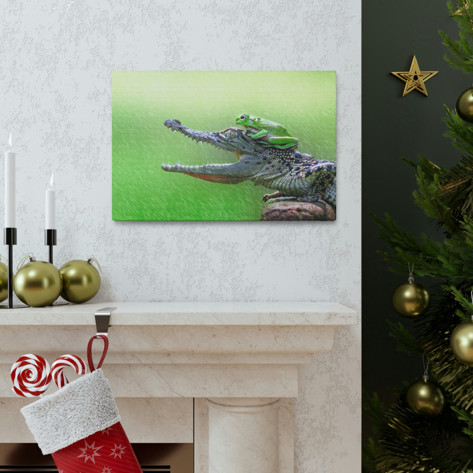 Funny Alligator With Frog on Top of The Head Outside Wall Art Ready to Hang Unframed-Express Your Love Gifts