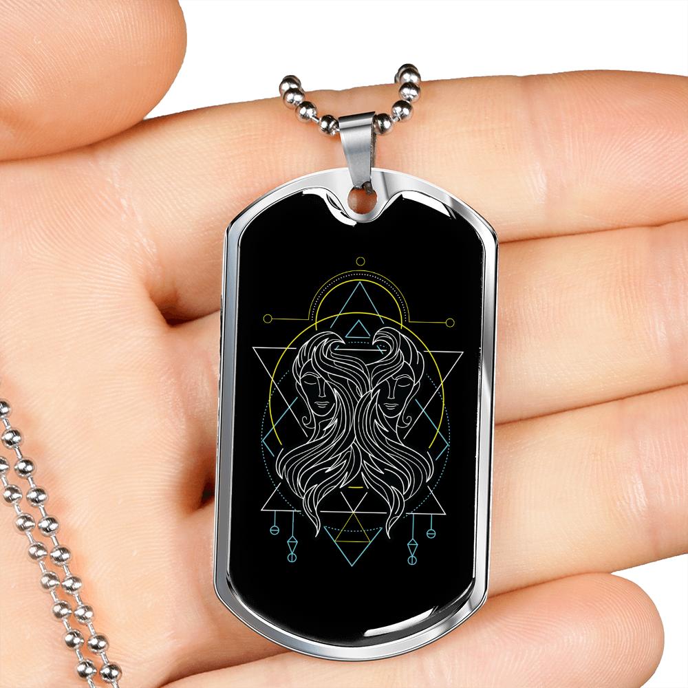 Gemini Black Zodiac Necklace Stainless Steel or 18k Gold Dog Tag 24" Chain-Express Your Love Gifts