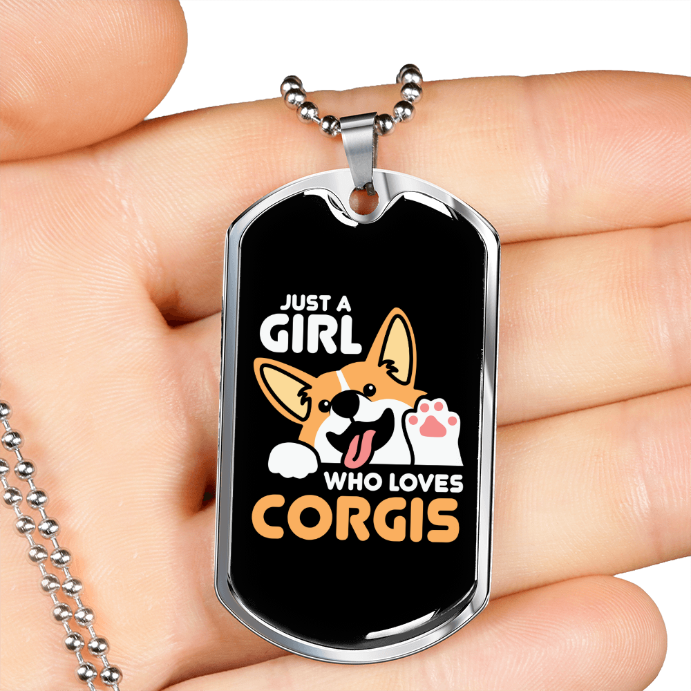 Girl Loves Corgis Necklace Stainless Steel or 18k Gold Dog Tag 24" Chain-Express Your Love Gifts