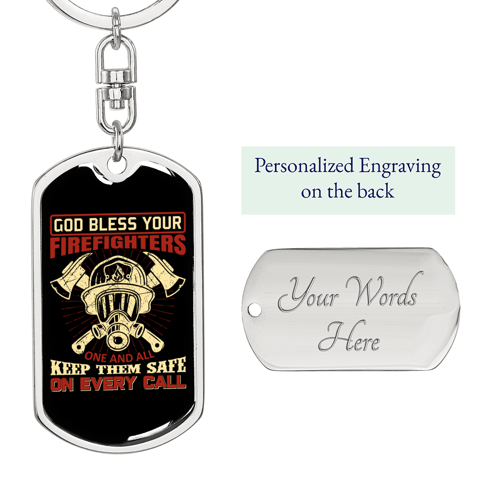 God Bless Your Firefighters Keychain Stainless Steel or 18k Gold Dog Tag Keyring-Express Your Love Gifts