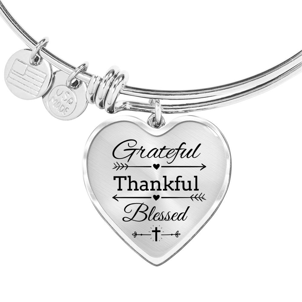 Grateful Thankful Blessed Heart Bangle Stainless Steel or 18k Gold 18-22"-Express Your Love Gifts