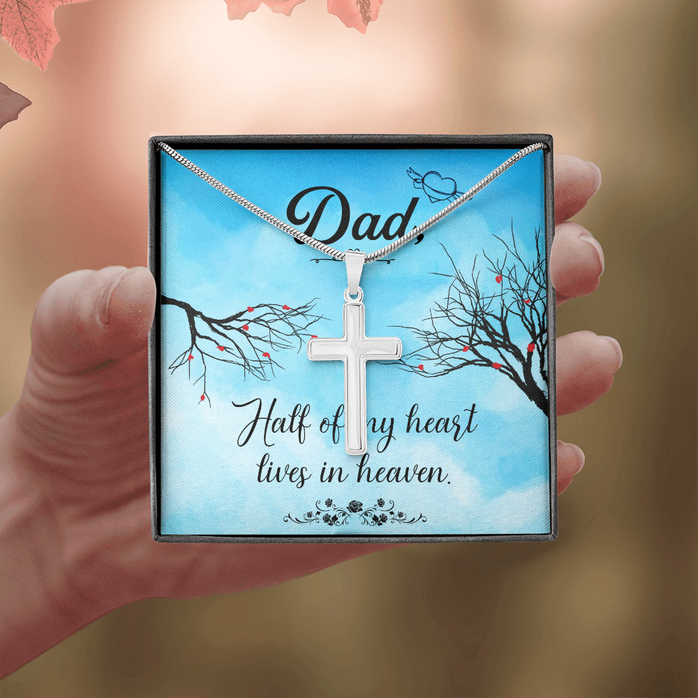 Half of My Heart Dad Memorial Gift Dad Memorial Cross Necklace Sympathy Gift Loss of Father Condolence Message Card-Express Your Love Gifts