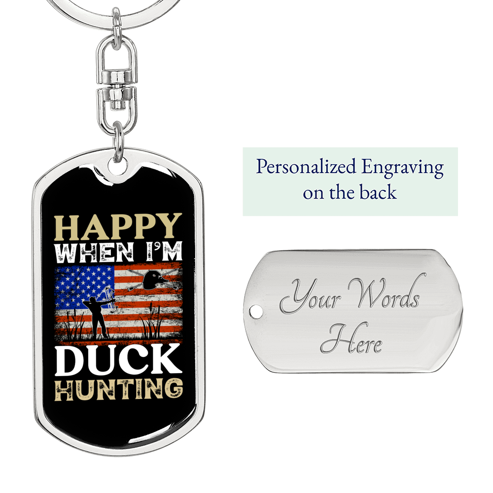 Happy When Hunting Flag Keychain Stainless Steel or 18k Gold Dog Tag Keyring-Express Your Love Gifts