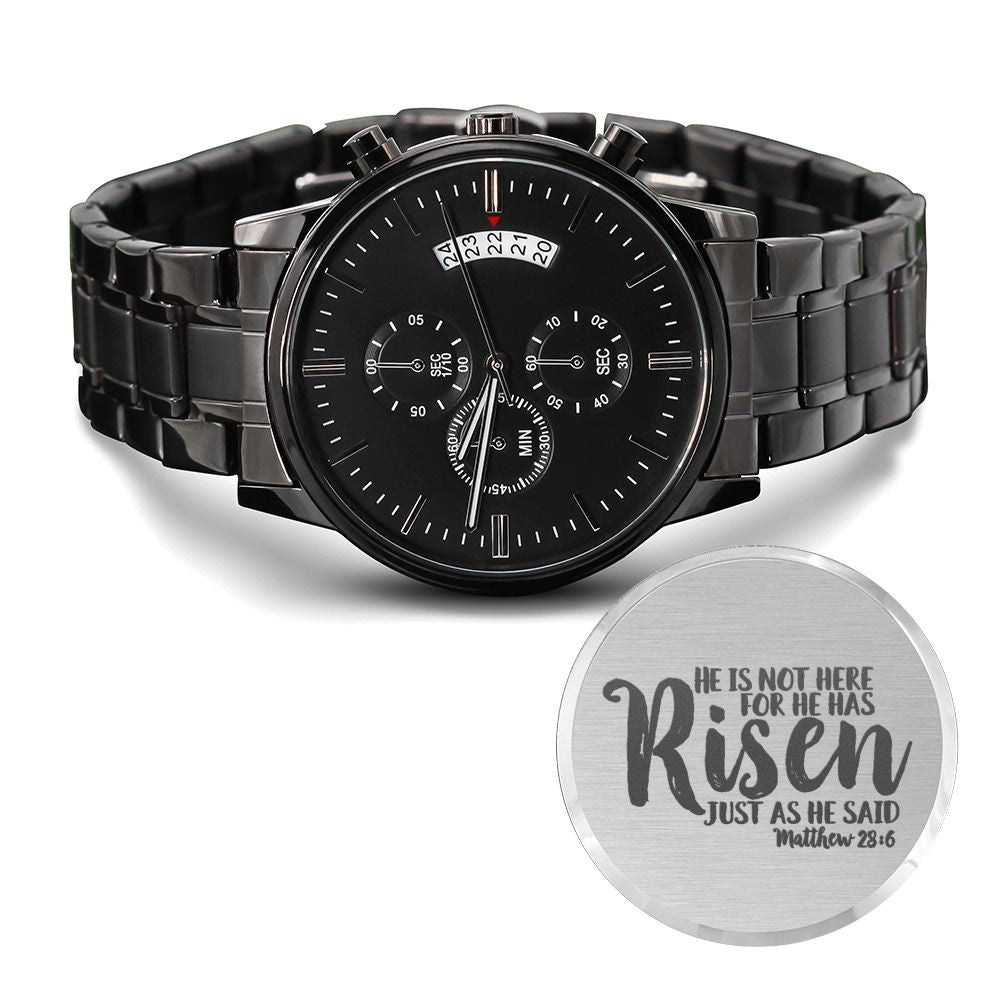 He Has Risen Engraved Bible Verse Men&#39;s Watch Multifunction Stainless Steel W Copper Dial-Express Your Love Gifts