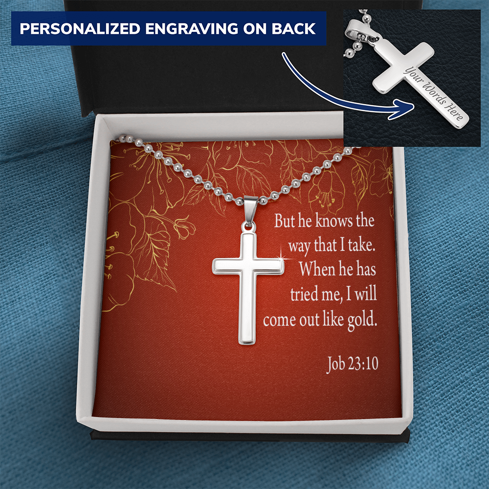 He Knows The Way Job 23:10 Cross Necklace Message Card W Ball Chain Pendant-Express Your Love Gifts