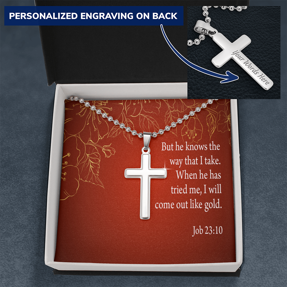 He Knows The Way Job 23:10 Cross Necklace Message Card W Ball Chain Pendant-Express Your Love Gifts