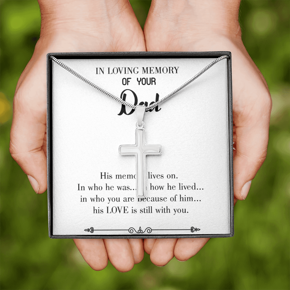 His Memory Lives Dad Memorial Gift Dad Memorial Cross Necklace Sympathy Gift Loss of Father Condolence Message Card-Express Your Love Gifts