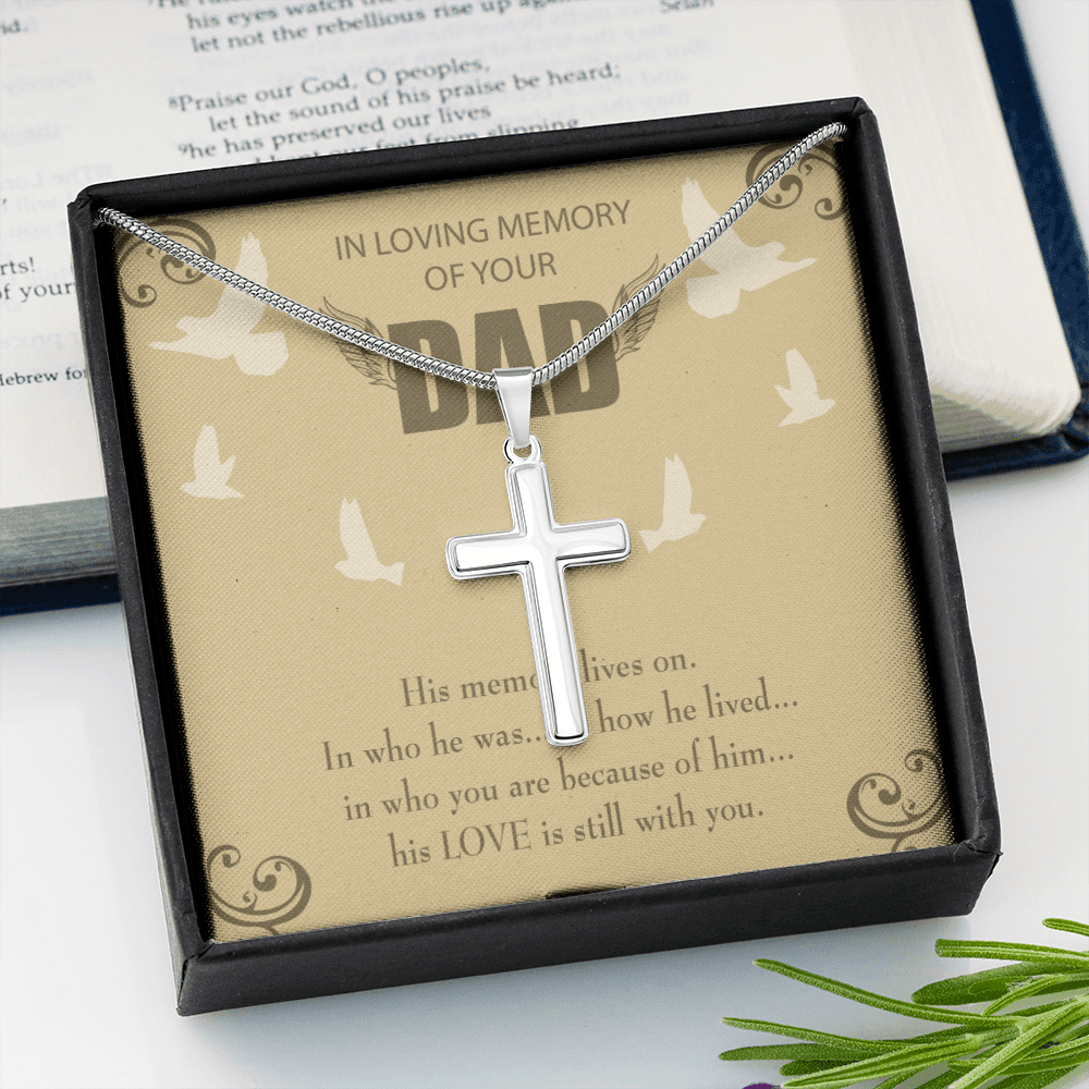 His Memory Lives On Dad Memorial Gift Dad Memorial Cross Necklace Sympathy Gift Loss of Father Condolence Message Card-Express Your Love Gifts