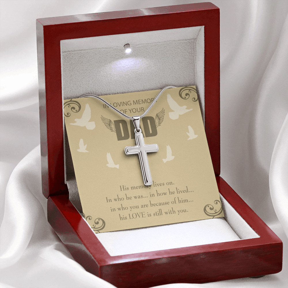 His Memory Lives On Dad Memorial Gift Dad Memorial Cross Necklace Sympathy Gift Loss of Father Condolence Message Card-Express Your Love Gifts