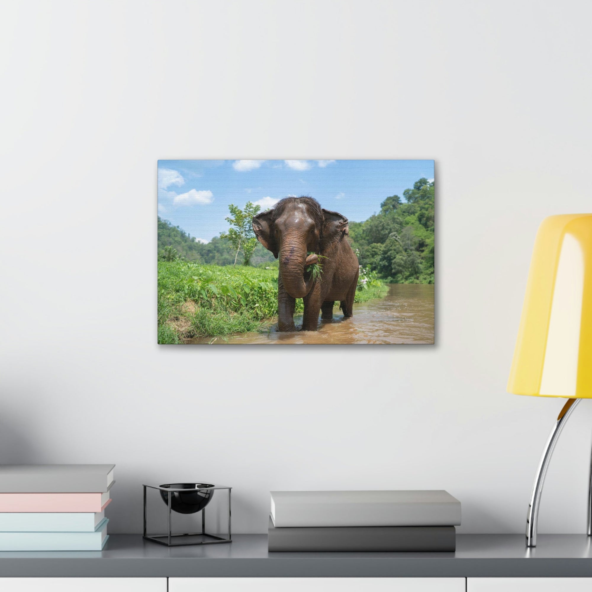 Scripture Walls Hunting Asian Elephant on River Print Animal Wall Art Wildlife Canvas Prints Wall Art Ready to Hang Unframed-Express Your Love Gifts