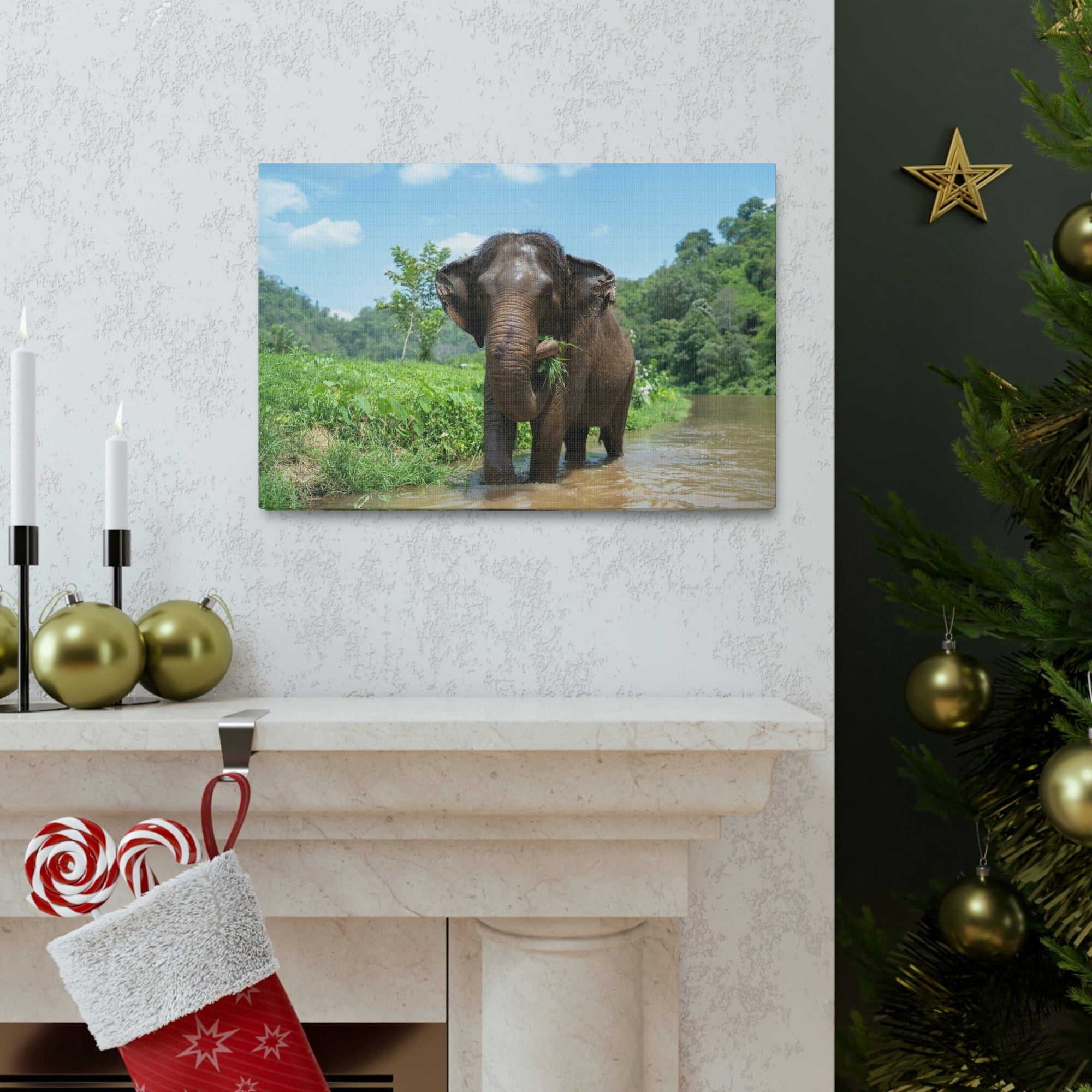 Scripture Walls Hunting Asian Elephant on River Print Animal Wall Art Wildlife Canvas Prints Wall Art Ready to Hang Unframed-Express Your Love Gifts