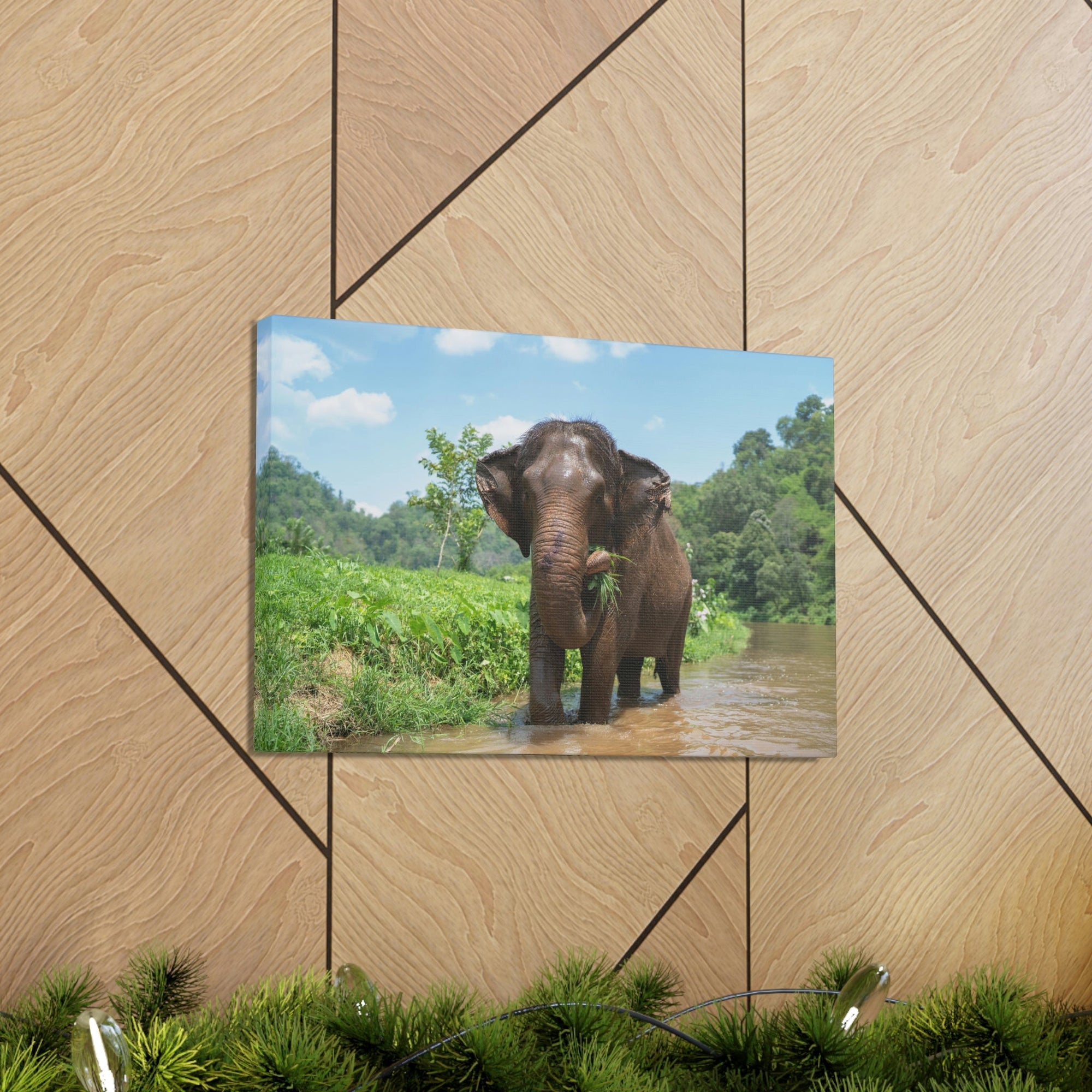 Scripture Walls Hunting Asian Elephant on River Print Animal Wall Art Wildlife Canvas Prints Wall Art Ready to Hang Unframed-Express Your Love Gifts