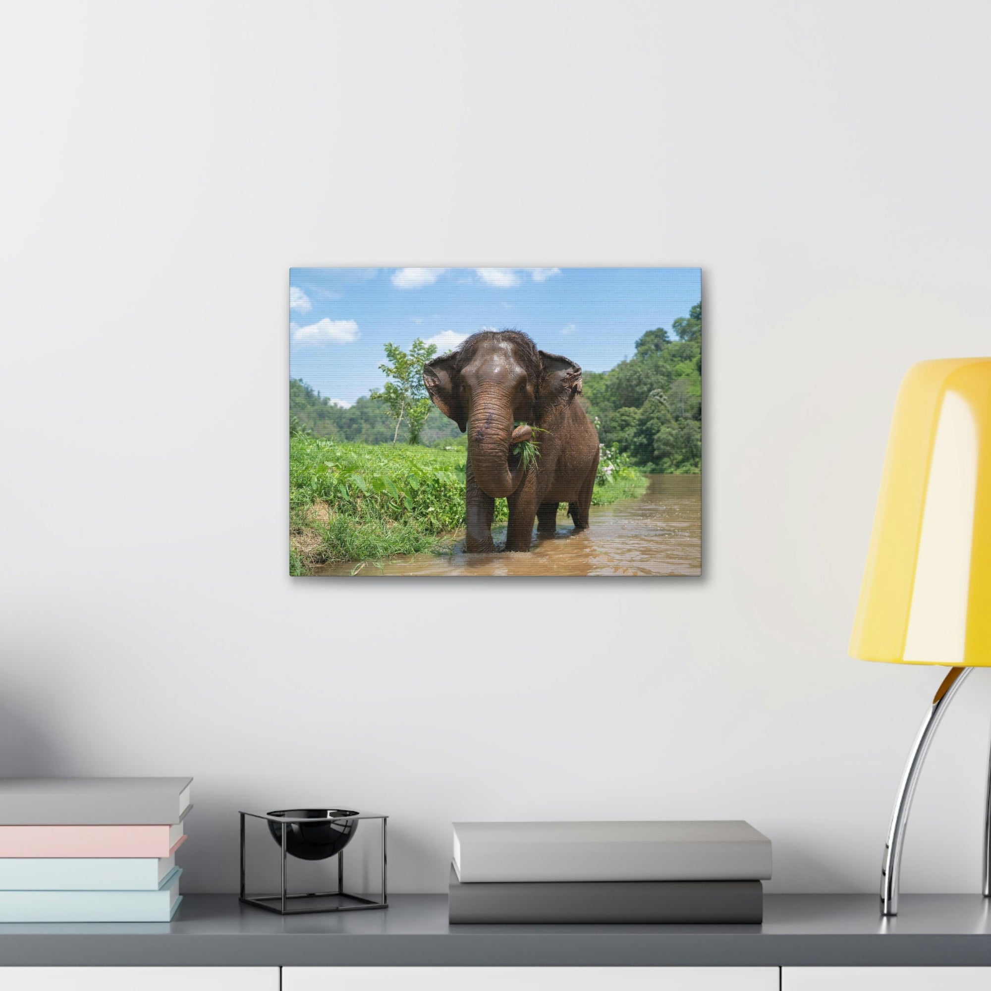 Scripture Walls Hunting Asian Elephant on River Print Animal Wall Art Wildlife Canvas Prints Wall Art Ready to Hang Unframed-Express Your Love Gifts