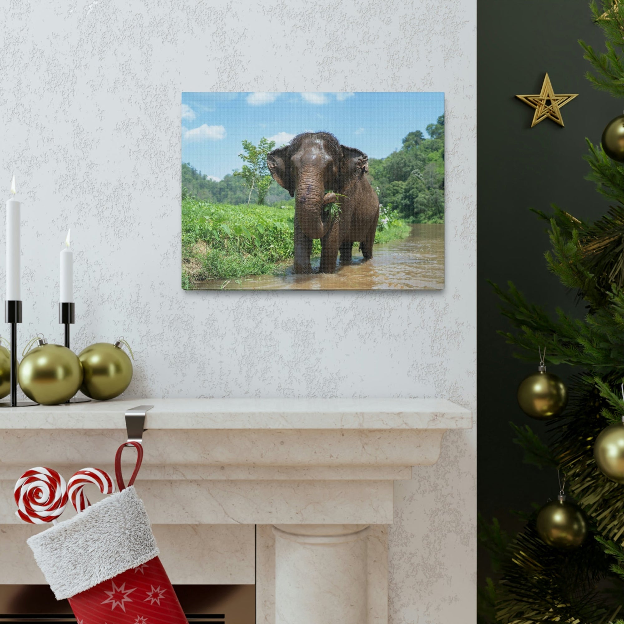 Scripture Walls Hunting Asian Elephant on River Print Animal Wall Art Wildlife Canvas Prints Wall Art Ready to Hang Unframed-Express Your Love Gifts