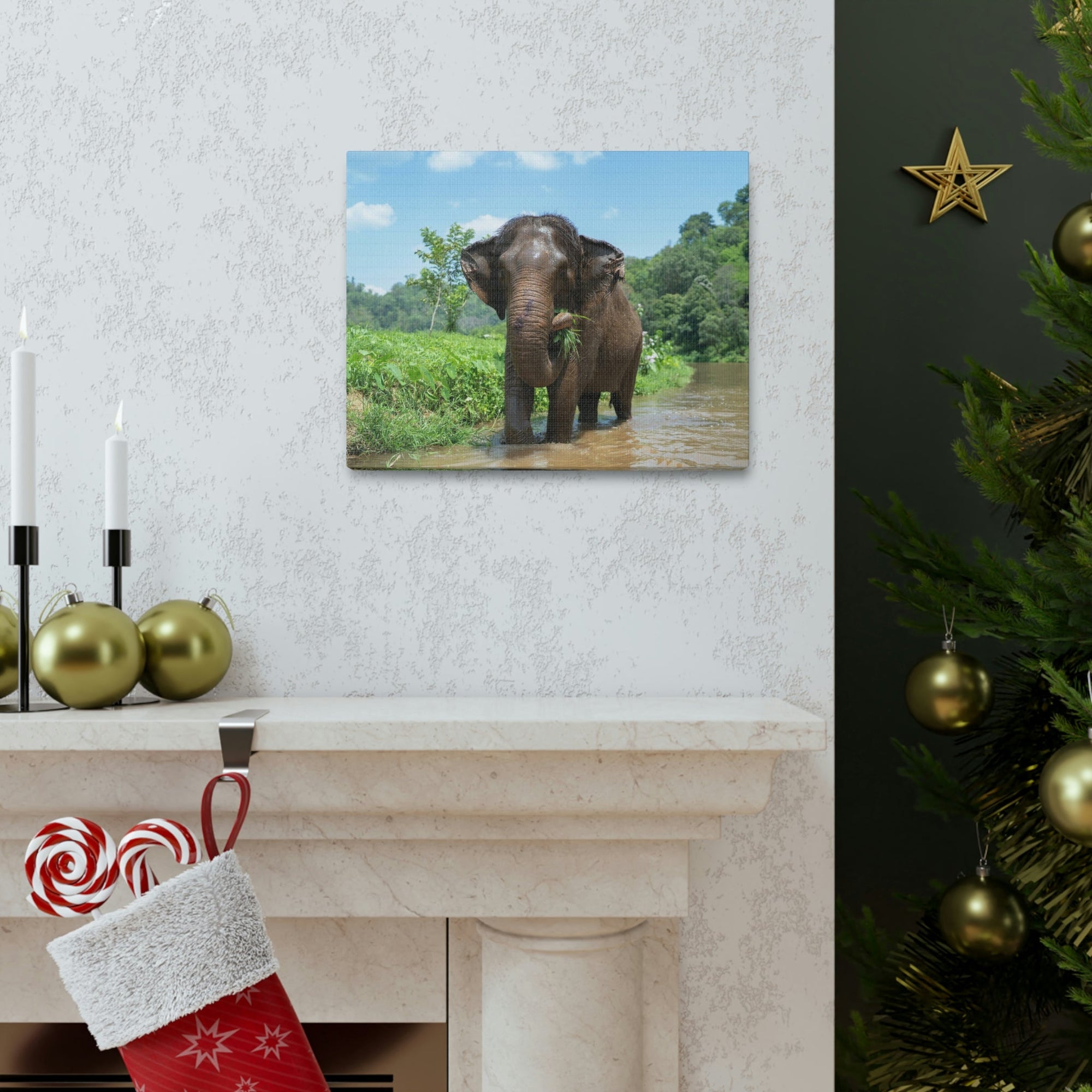 Scripture Walls Hunting Asian Elephant on River Print Animal Wall Art Wildlife Canvas Prints Wall Art Ready to Hang Unframed-Express Your Love Gifts