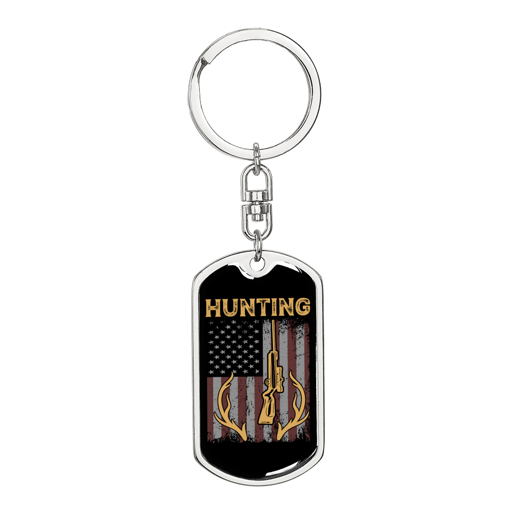 Hunting Flag Guns And Antlers Keychain Stainless Steel or 18k Gold Dog Tag Keyring-Express Your Love Gifts