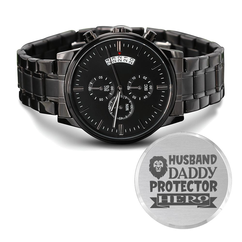 Husband Daddy Protector Hero Engraved Multifunction Analog Stainless Steel Chronograph Men&#39;s Watch W Copper Dial-Express Your Love Gifts