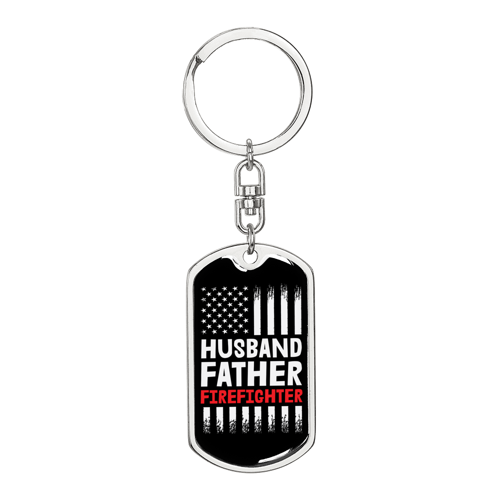 Husband Father Firefighter Keychain Stainless Steel or 18k Gold Dog Tag Keyring-Express Your Love Gifts